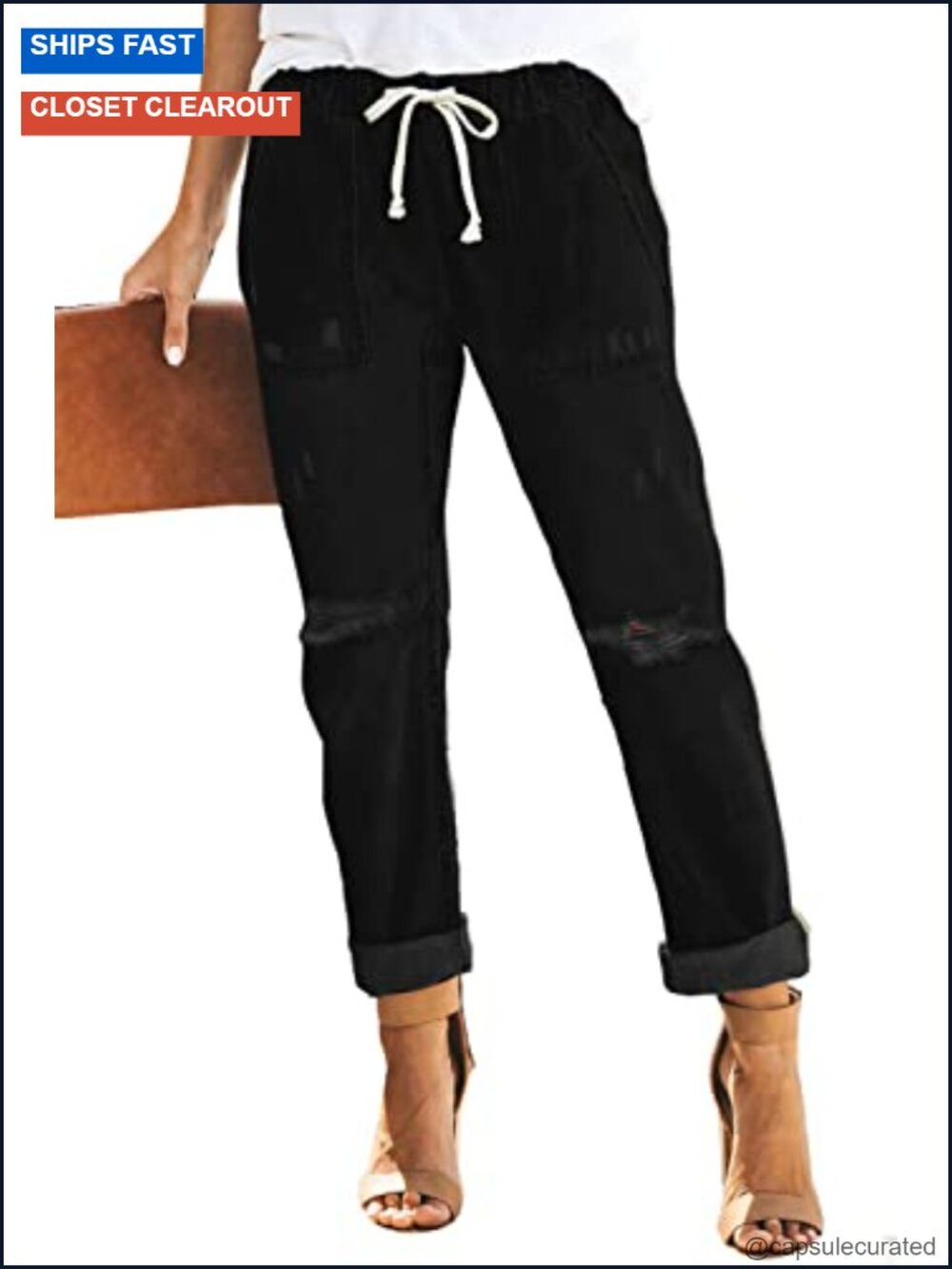 Women's Pull-on Distressed Stretch Jeans Elastic Waist Denim Joggers Jogger